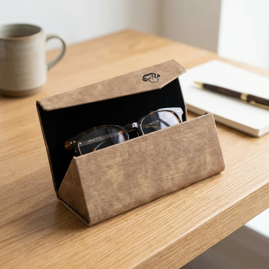 Estuche origami para lentes brown abierto en escritorio minimalista Bonoboss #color_brown
