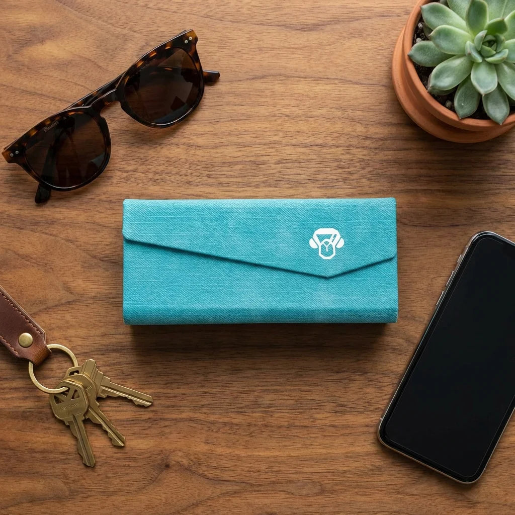 Estuche origami para lentes calipso flat lay sobre madera Bonoboss #color_calipso