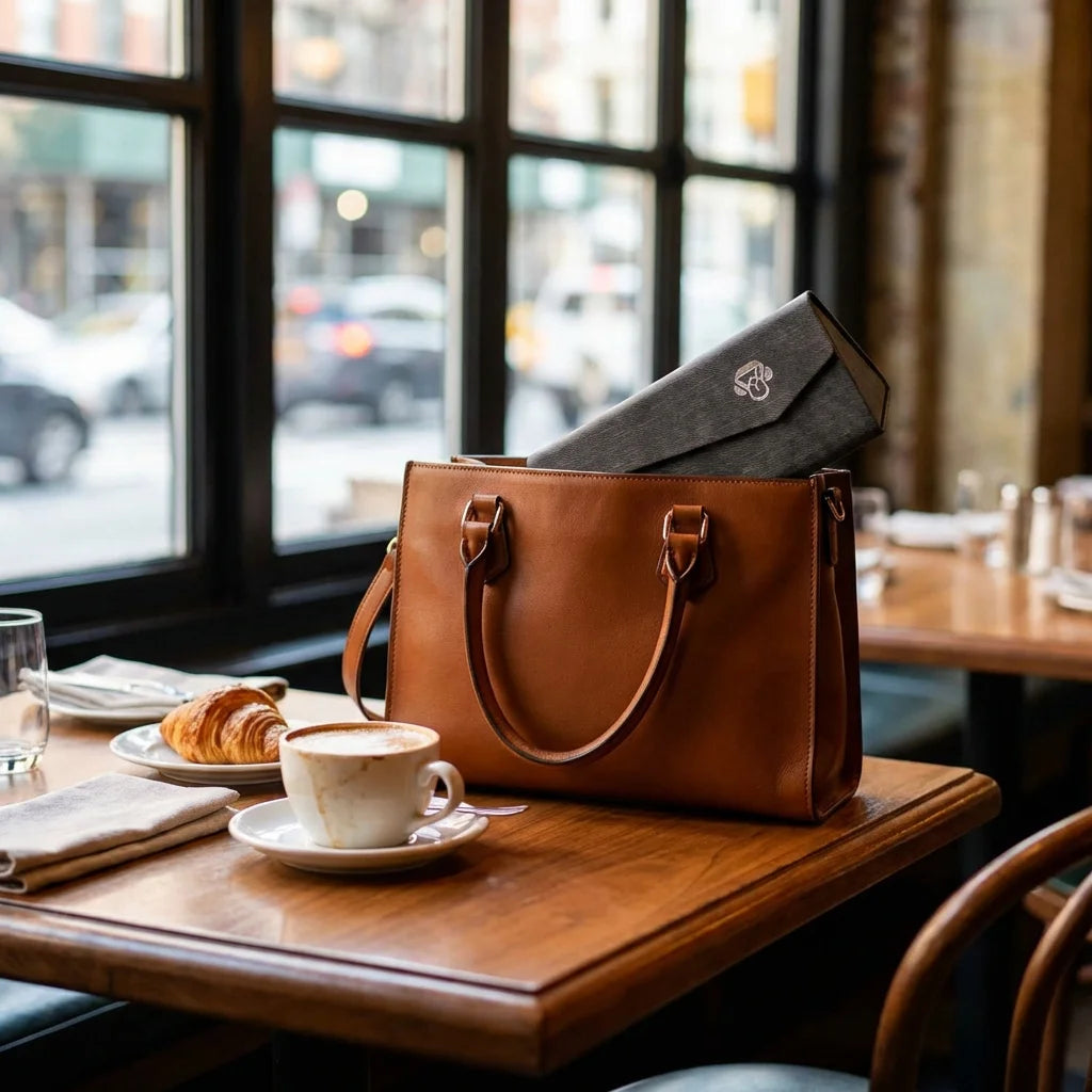 Estuche origami para lentes gris saliendo de bolso premium urbano Bonoboss #color_gris