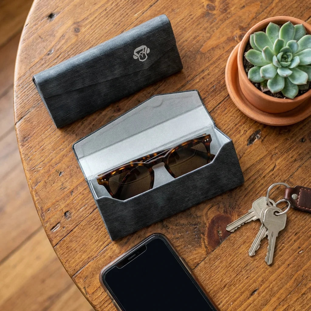 Estuche origami para lentes gris flat lay sobre madera Bonoboss #color_gris