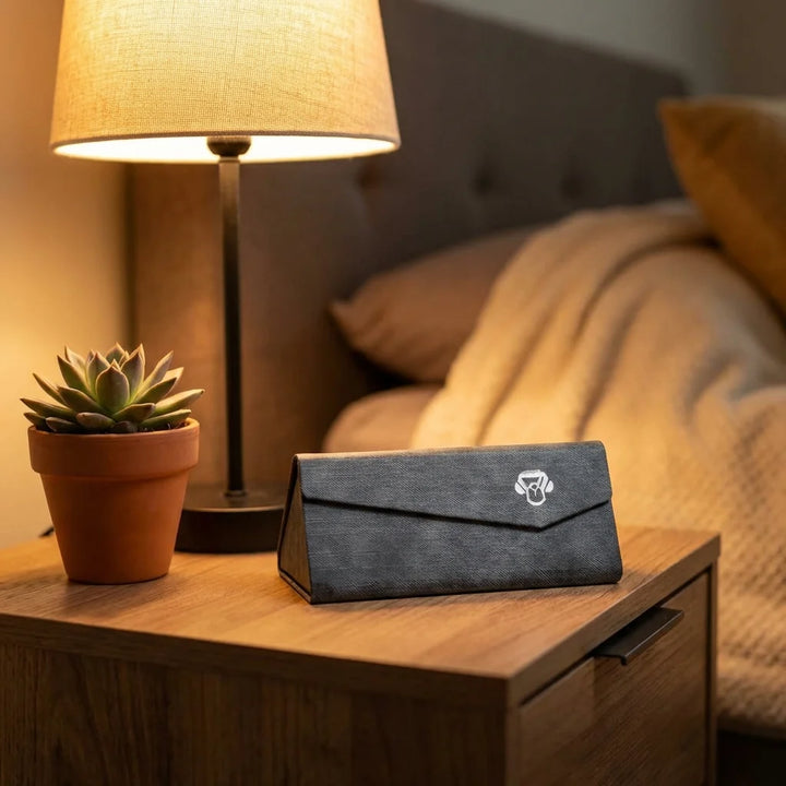 Estuche origami para lentes gris en mesita de noche Bonoboss #color_gris