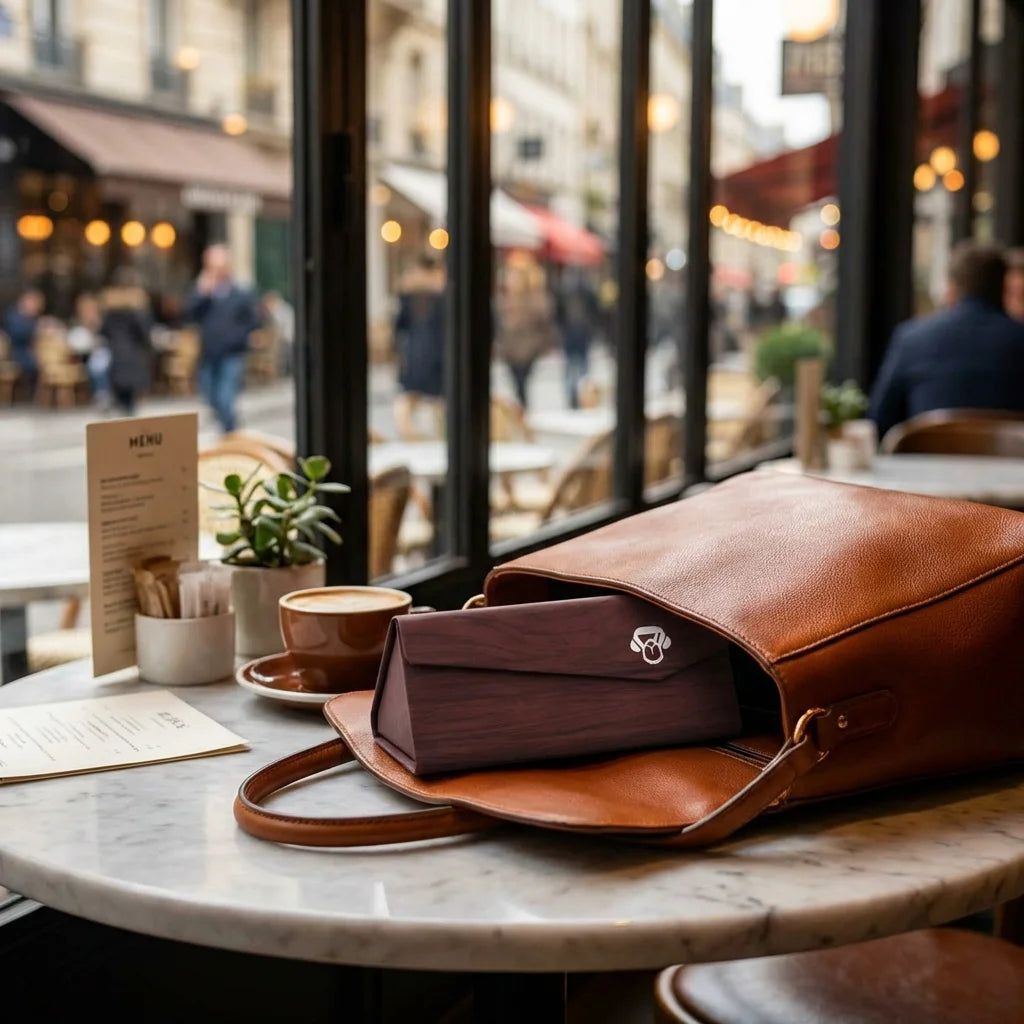 Estuche origami para lentes rojo saliendo de bolso premium urbano Bonoboss #color_rojo