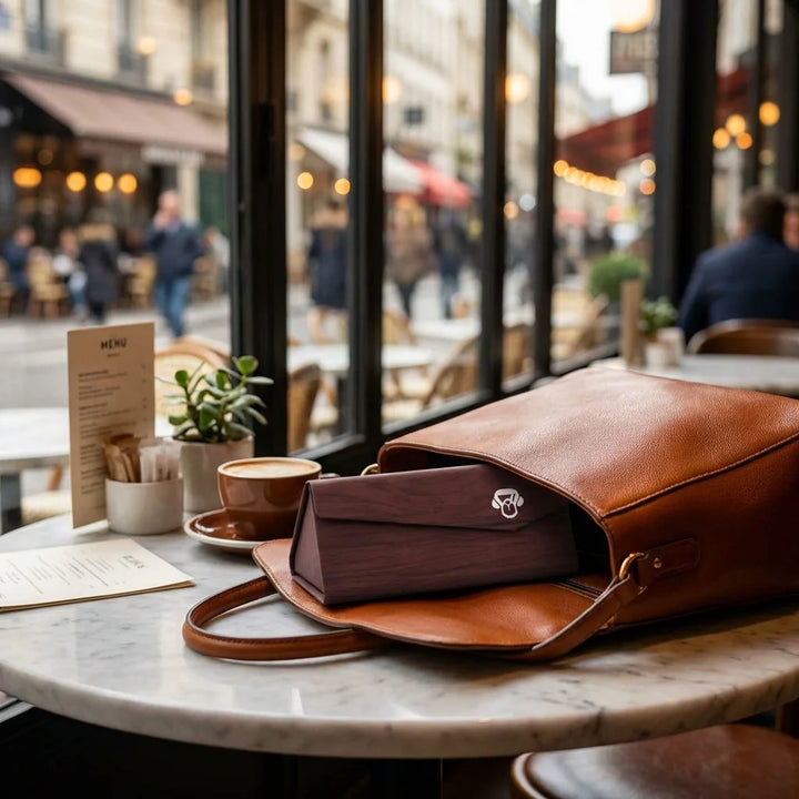 Estuche origami para lentes rojo saliendo de bolso premium urbano Bonoboss #color_rojo