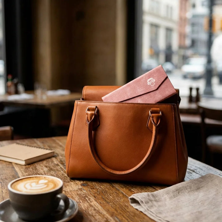 Estuche origami para lentes rosado saliendo de bolso premium urbano Bonoboss #color_rosado