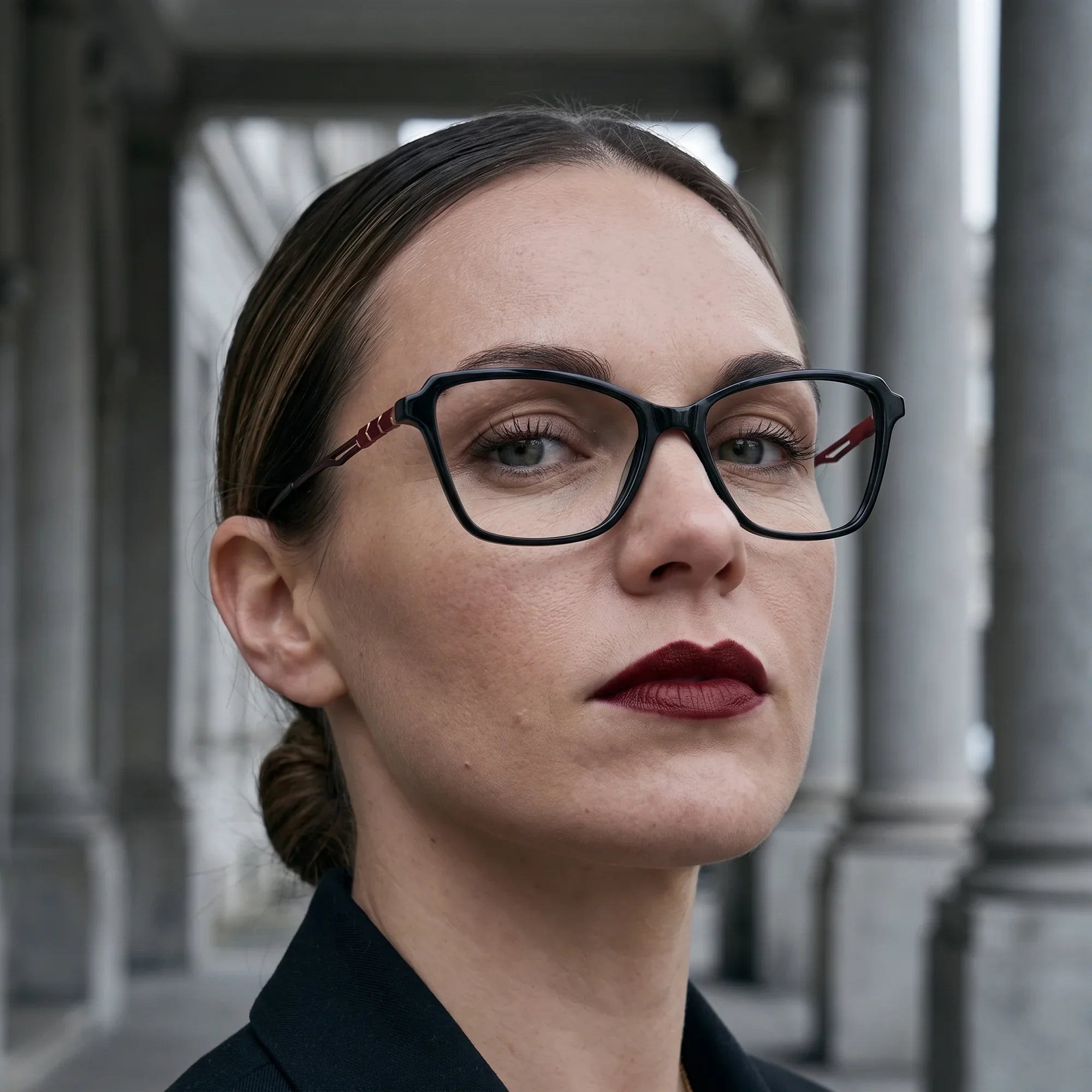 Anteojos Fiore 1006 en negro, en modelo – retrato de campaña, retrato otoñal entre columnas de piedra