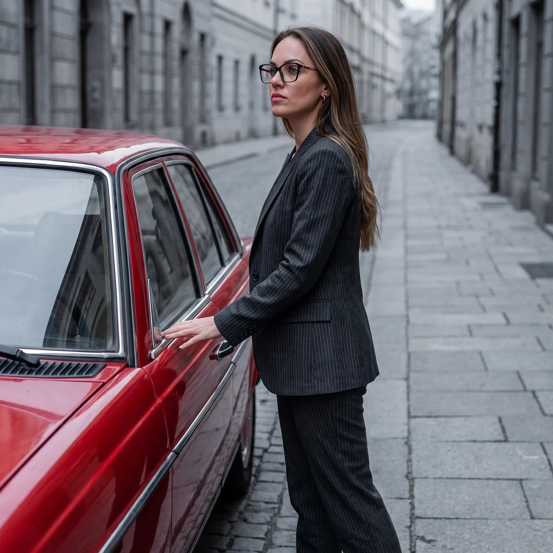 Anteojos Fiore 1006 en negro, en modelo – retrato de campaña, traje a rayas junto a un auto clásico rojo