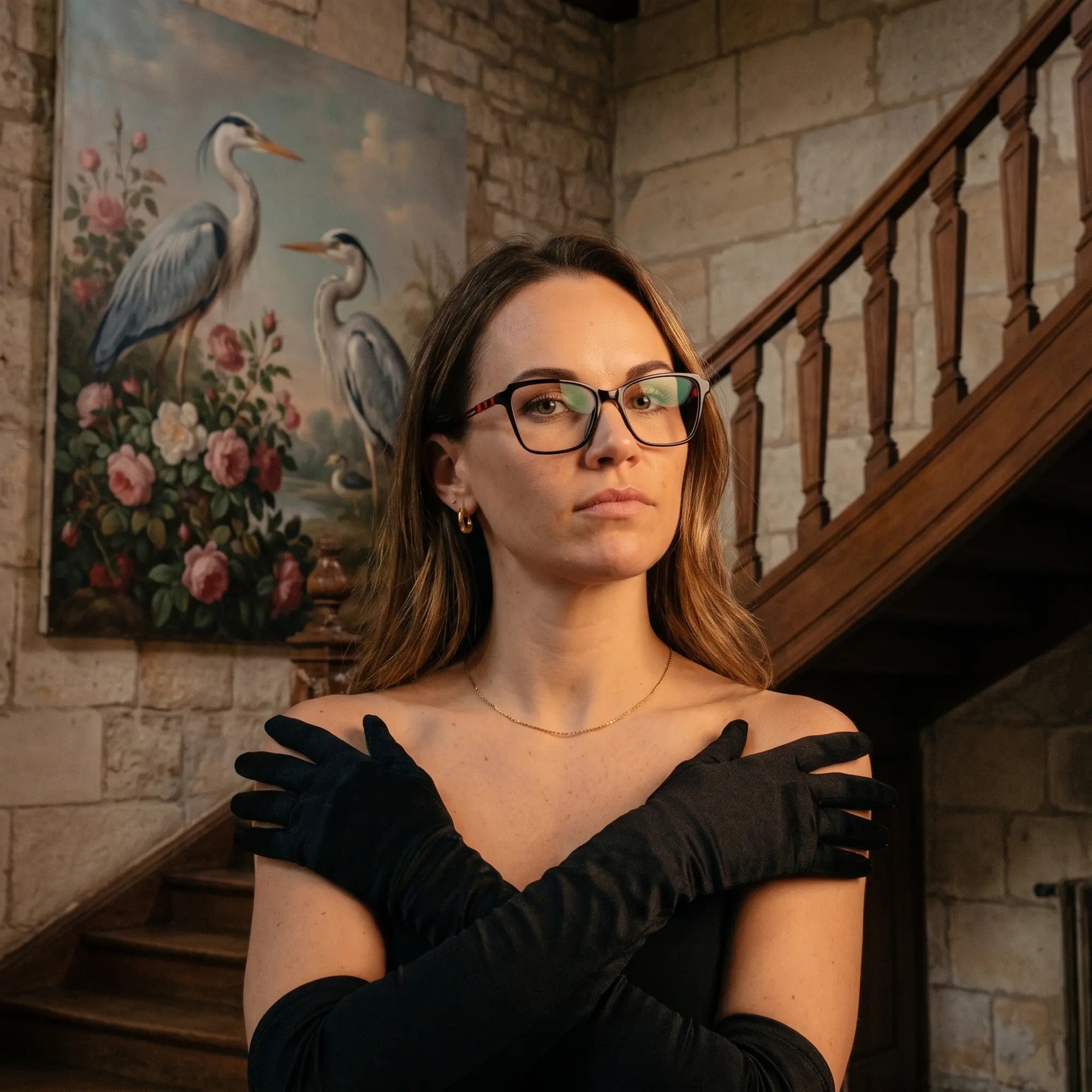 Anteojos Fiore 1006 en negro, en modelo – retrato de campaña, interior señorial, pintura de garza y guantes de ópera