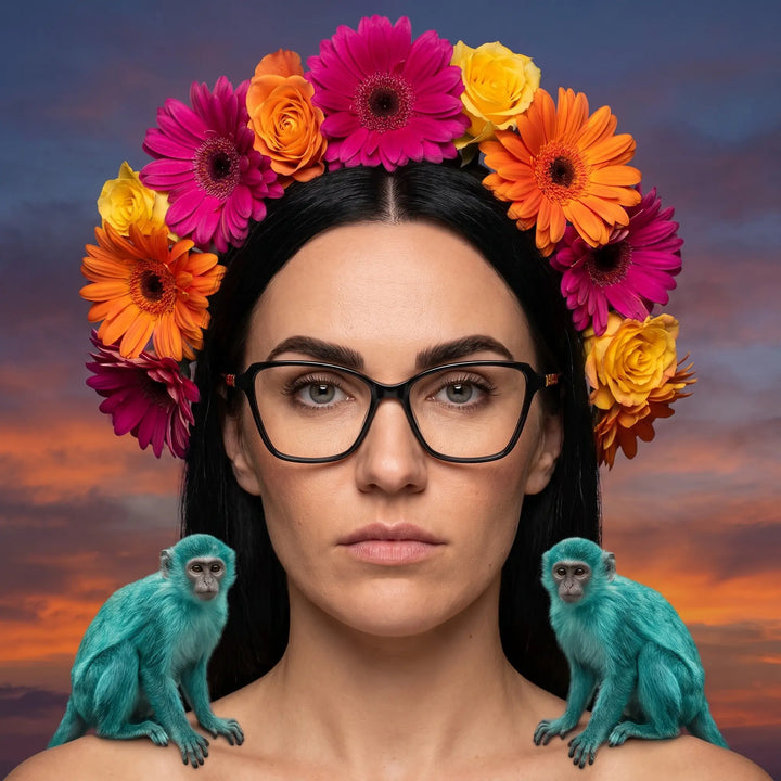 Anteojos Fiore 1006 en negro, en modelo – retrato de campaña, retrato pictórico surrealista con corona de flores