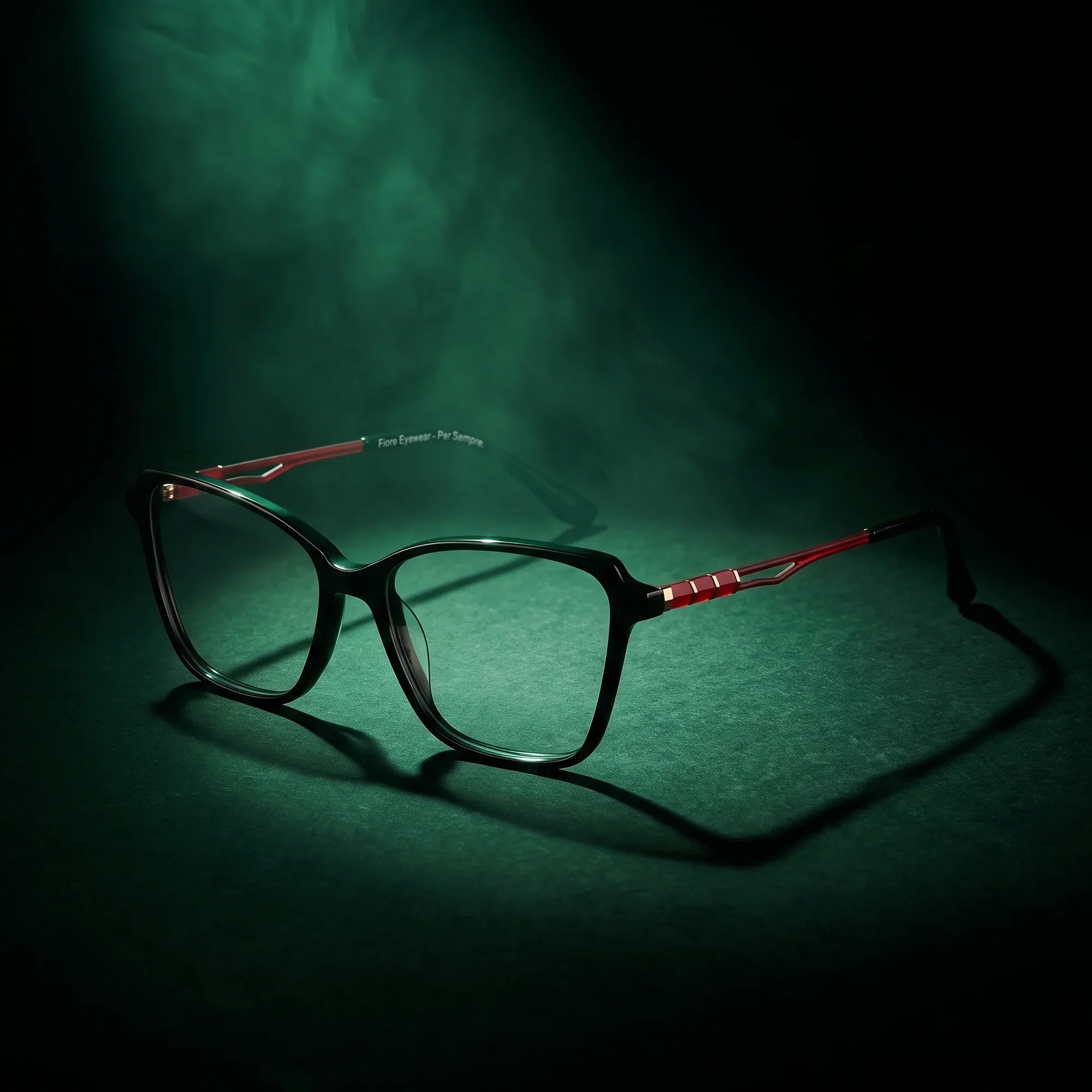 Anteojos Fiore 1006 en negro – bajo un haz de luz teatral