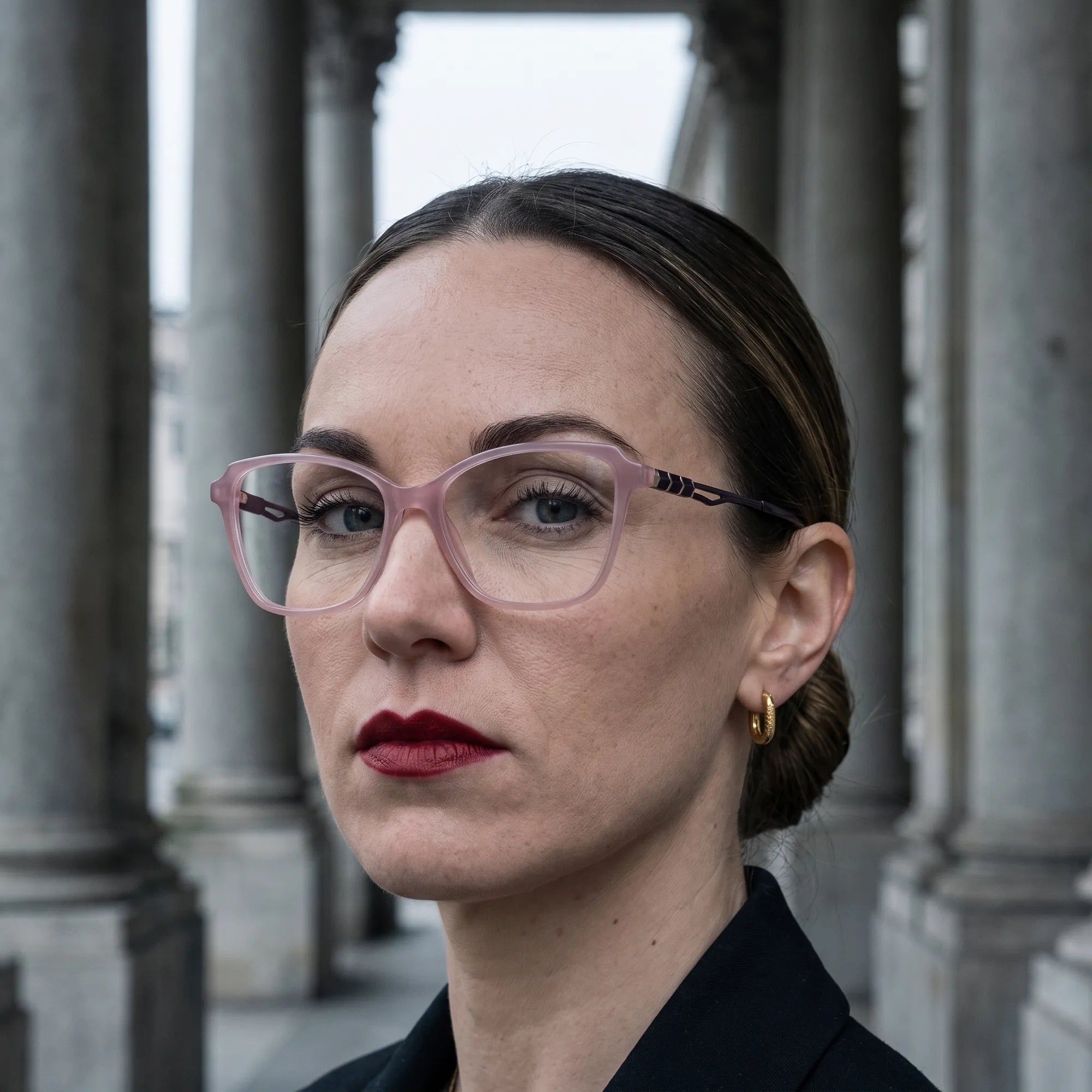 Anteojos Fiore 1006 en rosa, en modelo – retrato de campaña, retrato otoñal entre columnas de piedra