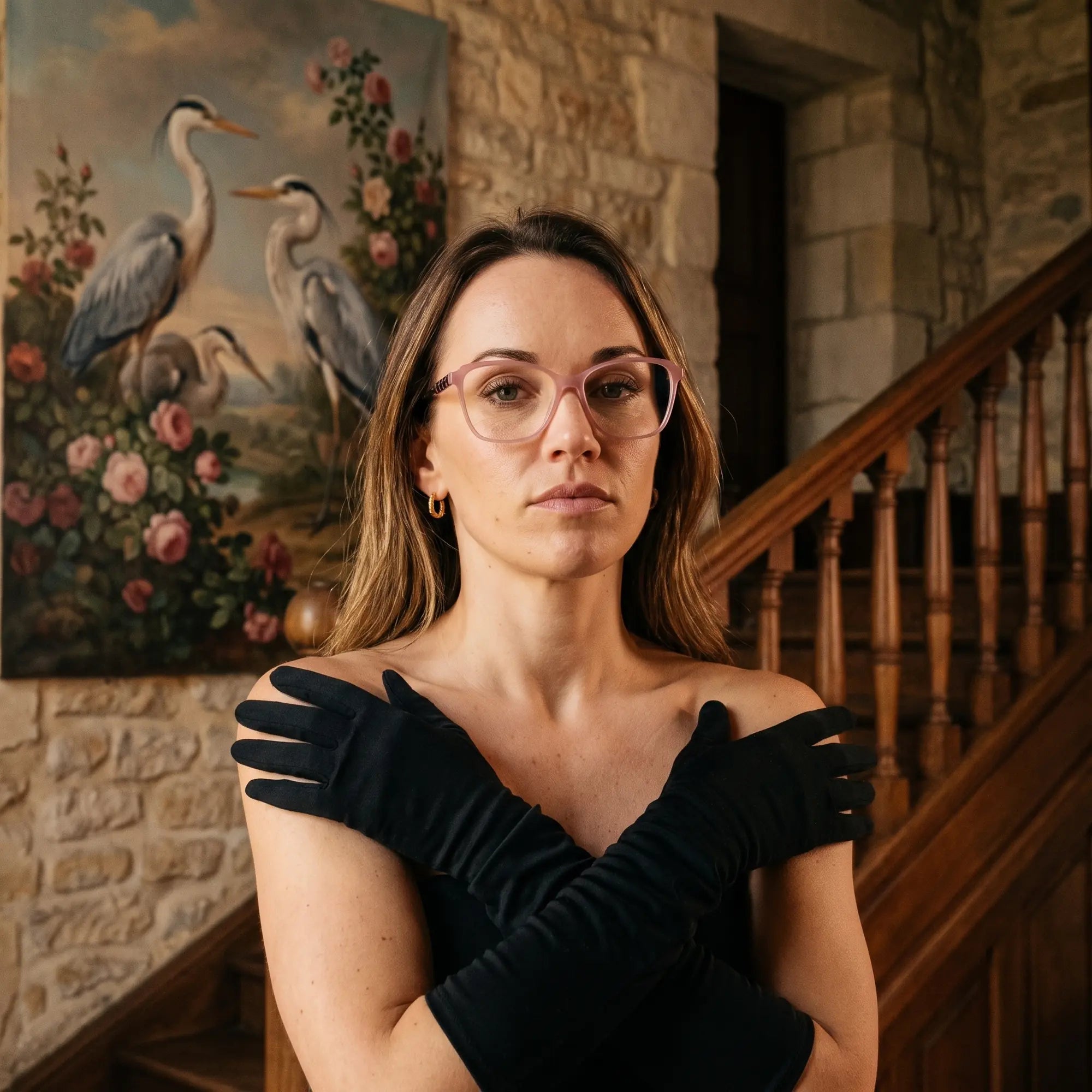 Anteojos Fiore 1006 en rosa, en modelo – retrato de campaña, interior señorial, pintura de garza y guantes de ópera