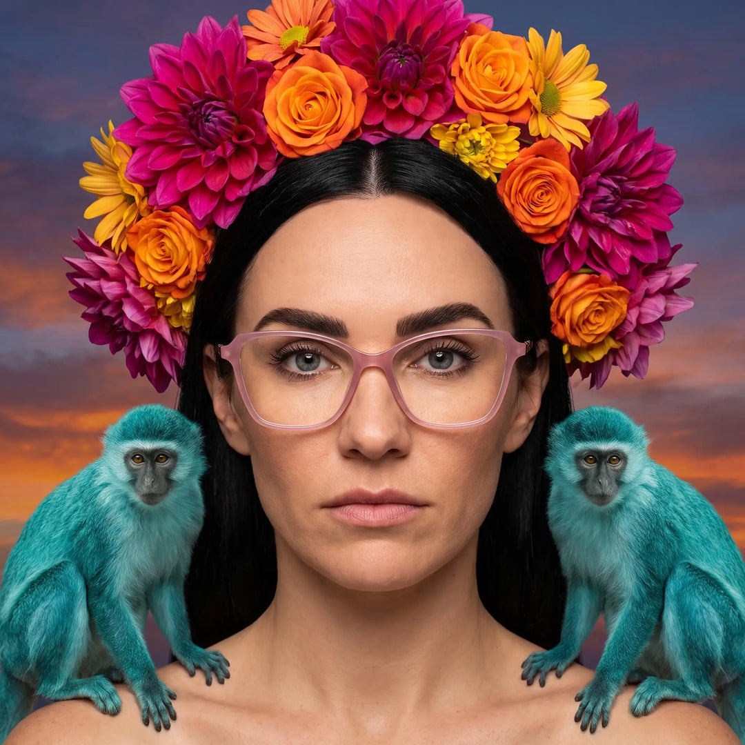 Anteojos Fiore 1006 en rosa, en modelo – retrato de campaña, retrato pictórico surrealista con corona de flores