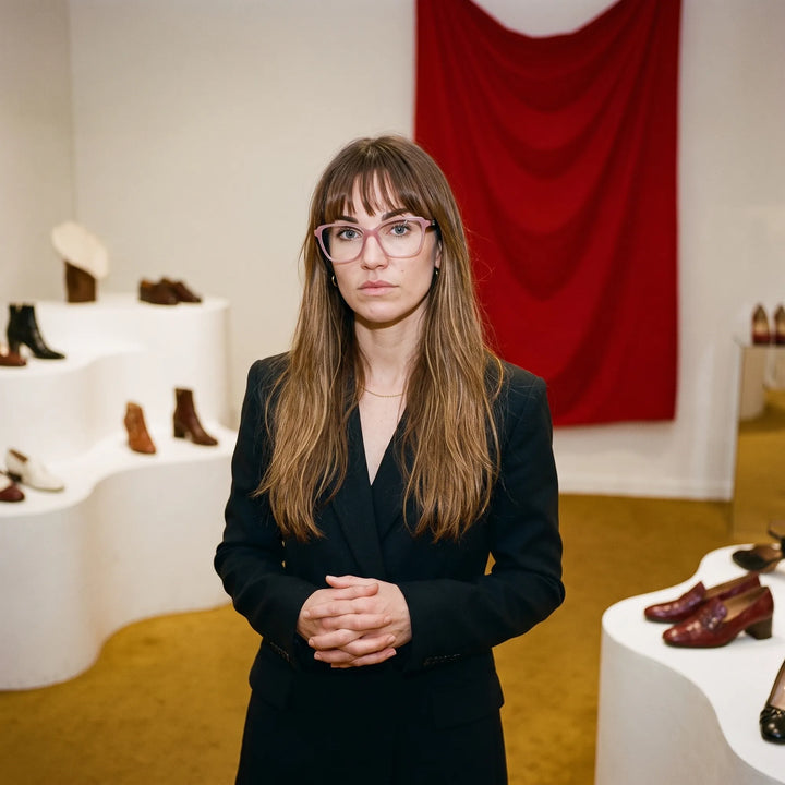 Anteojos Fiore 1006 en rosa, en modelo – retrato de campaña, escena de galería con cortina roja y pedestales