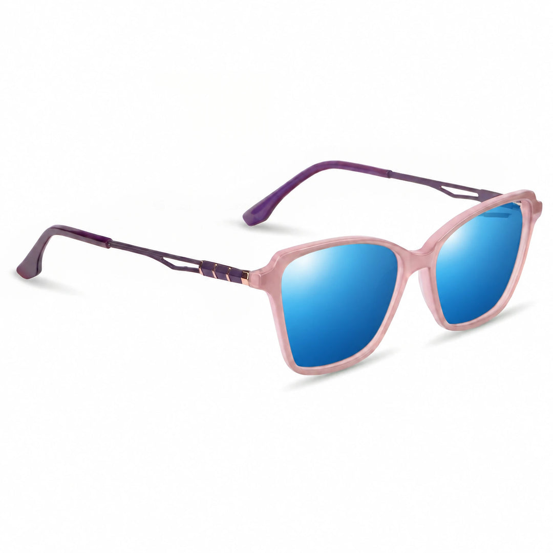 Lentes de sol Fiore 1006 Rosado con cristal espejado azul polarizado UV400, vista en tres cuartos para mujer #color_espejado-azul