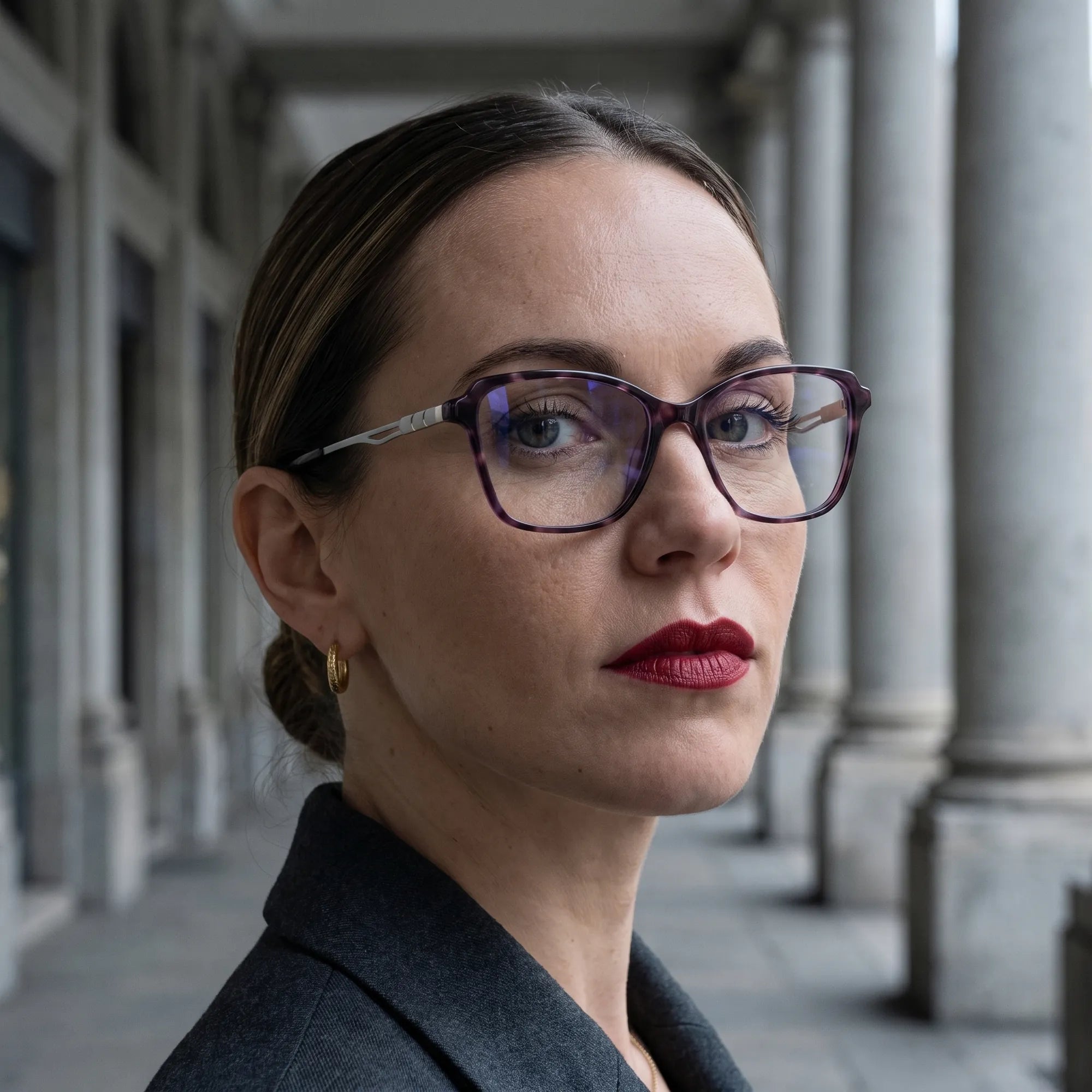 Anteojos Fiore 1006 en morado, en modelo – retrato de campaña, retrato otoñal entre columnas de piedra