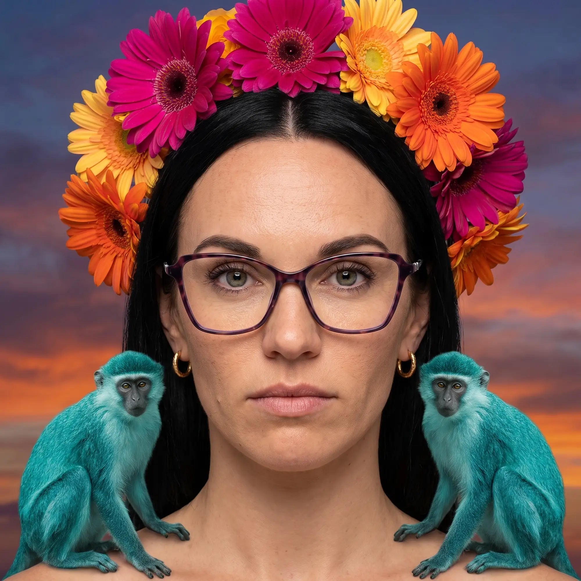 Anteojos Fiore 1006 en morado, en modelo – retrato de campaña, retrato pictórico surrealista con corona de flores