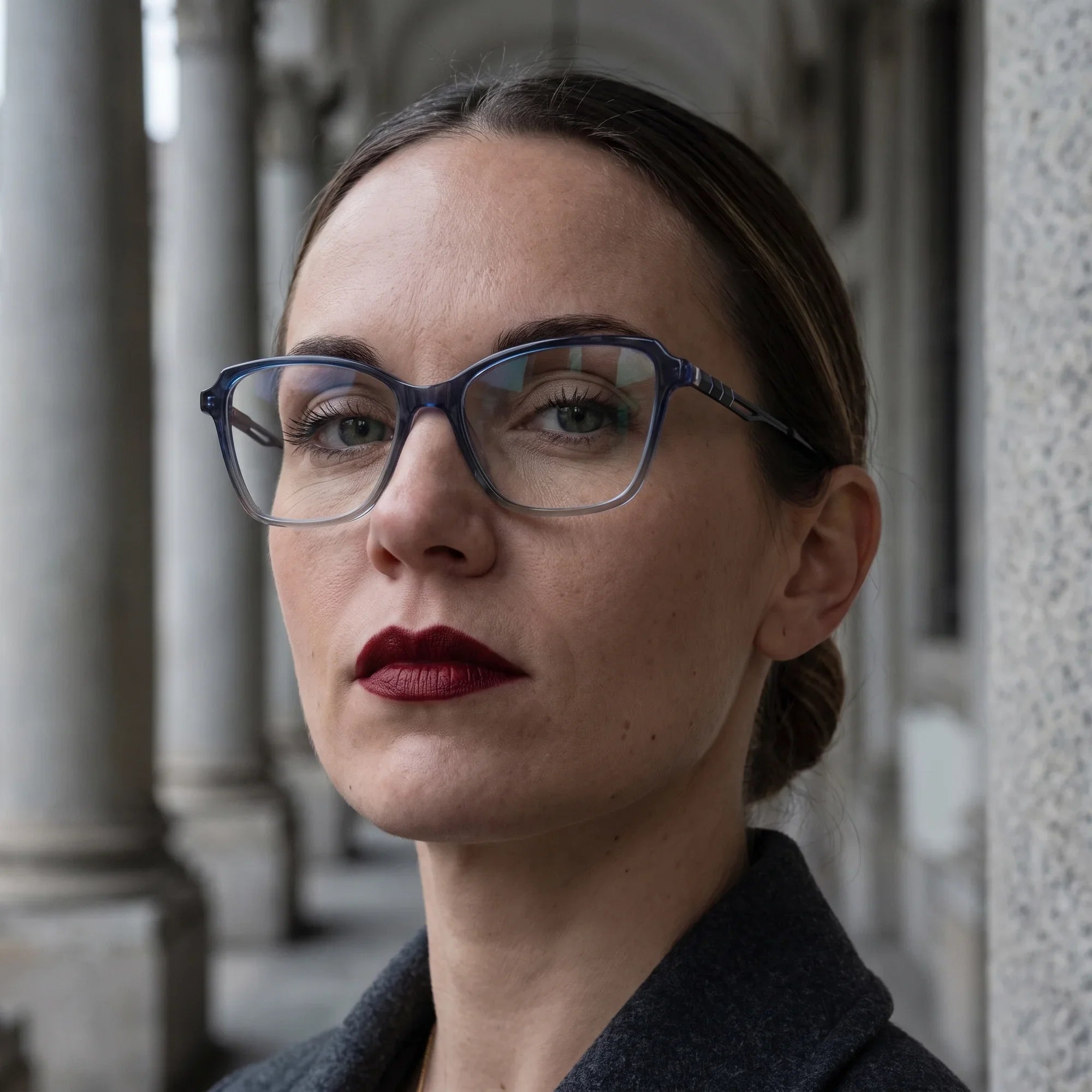 Anteojos Fiore 1006 en azul, en modelo – retrato de campaña, retrato otoñal entre columnas de piedra