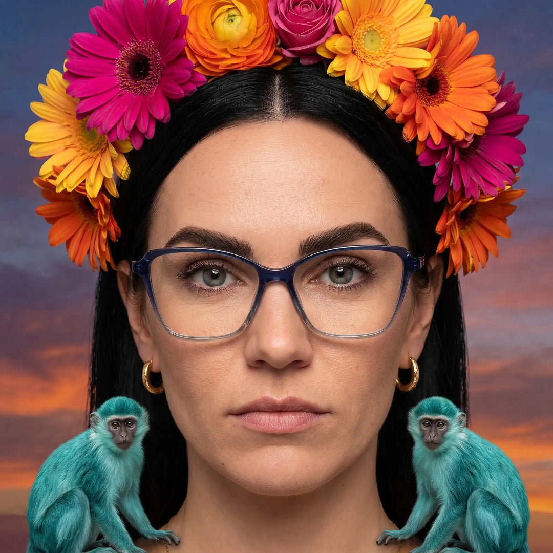 Anteojos Fiore 1006 en azul, en modelo – retrato de campaña, retrato pictórico surrealista con corona de flores