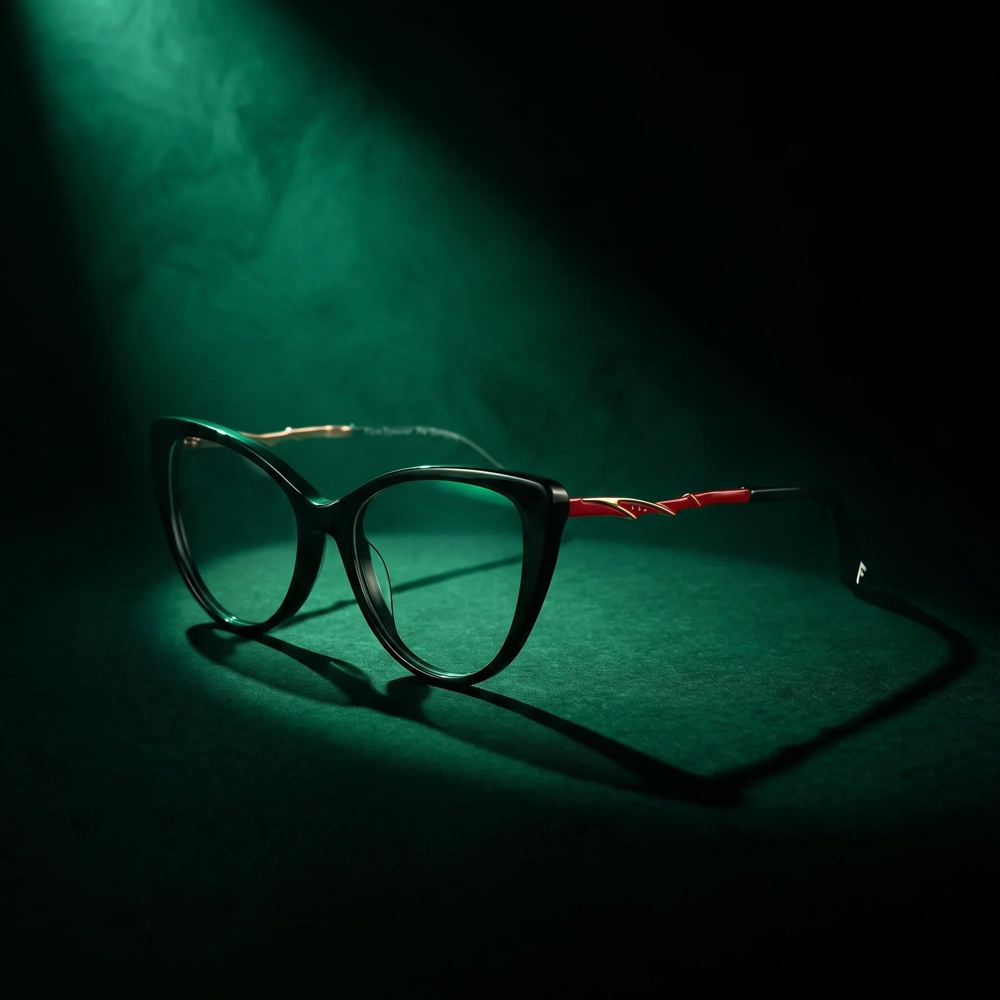 Anteojos Fiore 1010 en negro – bajo un haz de luz teatral