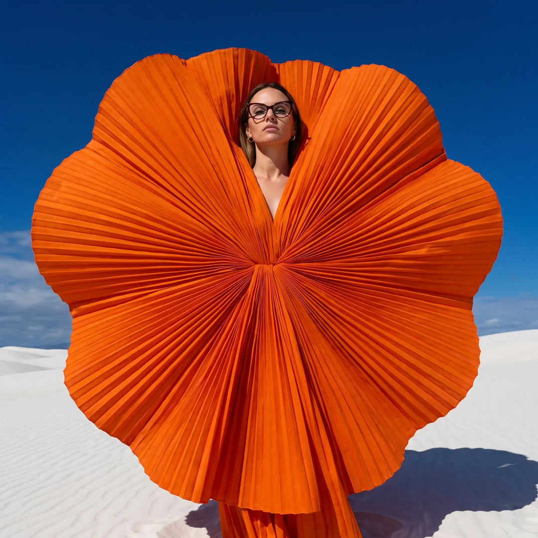 Anteojos Fiore 1010 en rojo, en modelo – retrato de campaña, abanico plisado naranja escultórico sobre dunas blancas