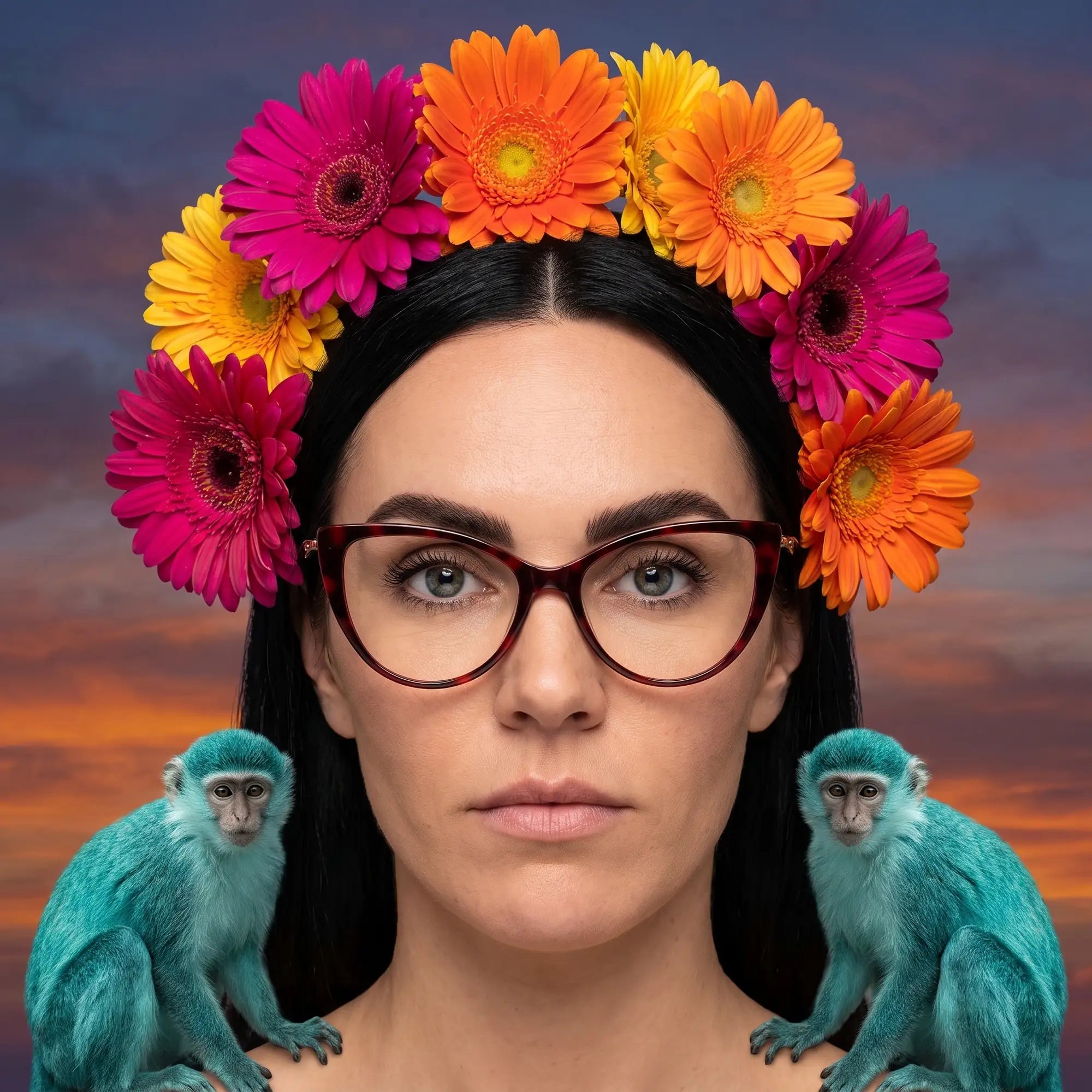 Anteojos Fiore 1010 en rojo, en modelo – retrato de campaña, retrato pictórico surrealista con corona de flores