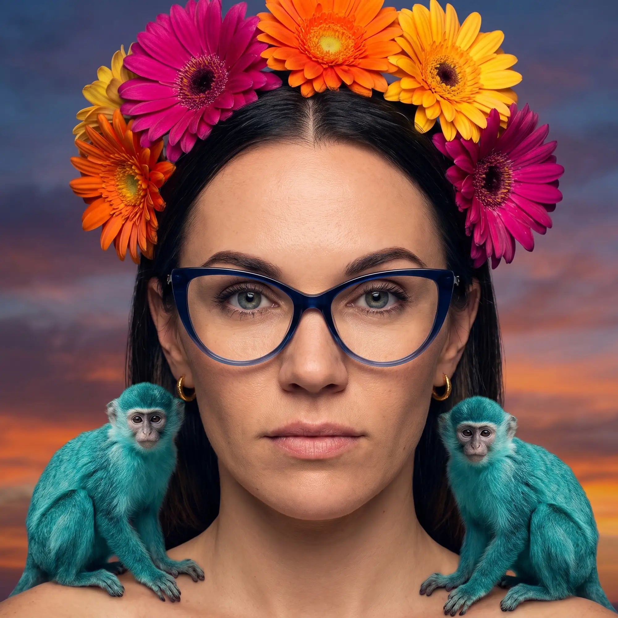 Anteojos Fiore 1010 en azul, en modelo – retrato de campaña, retrato pictórico surrealista con corona de flores