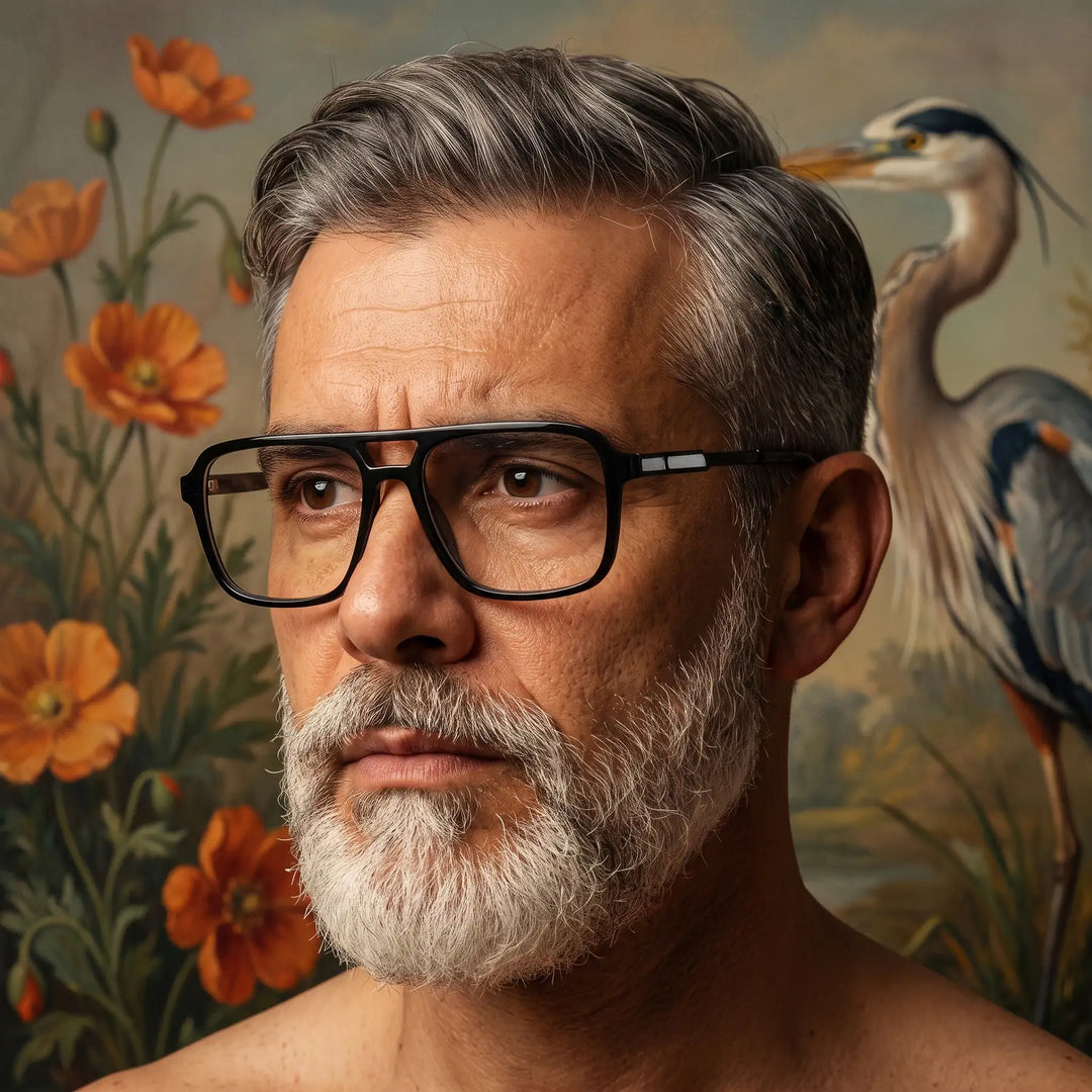 Anteojos Fiore 1014 en negro, en modelo – retrato de campaña, silver-bearded portrait against a botanical mural