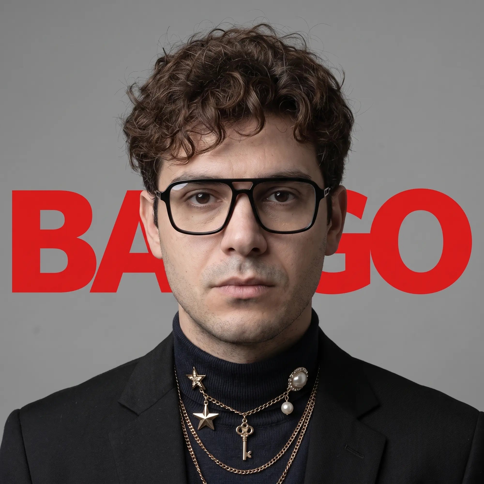 Anteojos Fiore 1014 en negro, en modelo – retrato de campaña, graphic studio portrait with bold red shapes