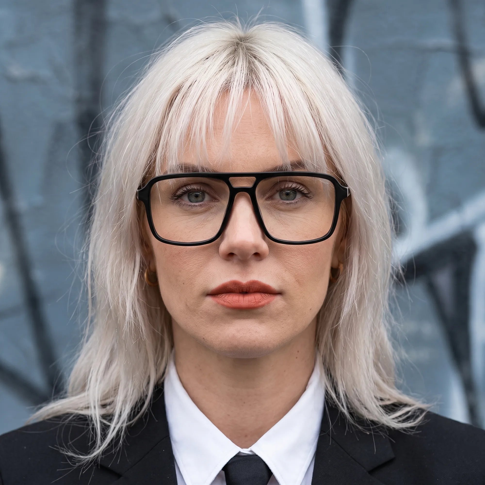 Anteojos Fiore 1014 en negro, en modelo – retrato de campaña, confident portrait with gold chain necklace