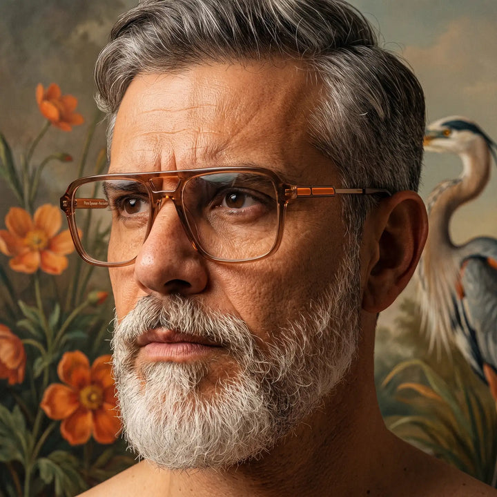 Anteojos Fiore 1014 en café, en modelo – retrato de campaña, silver-bearded portrait against a botanical mural