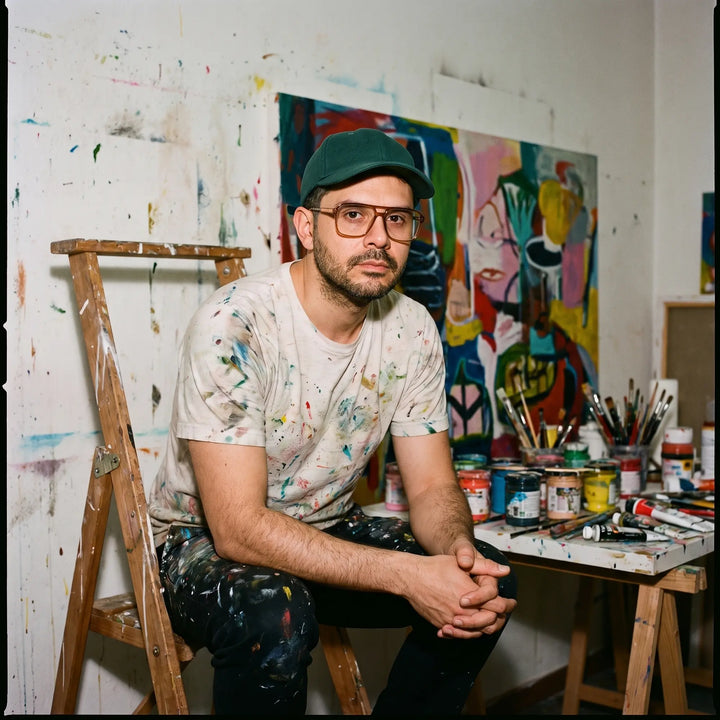 Anteojos Fiore 1014 en café, en modelo – retrato de campaña, painter portrait in a paint-splattered studio