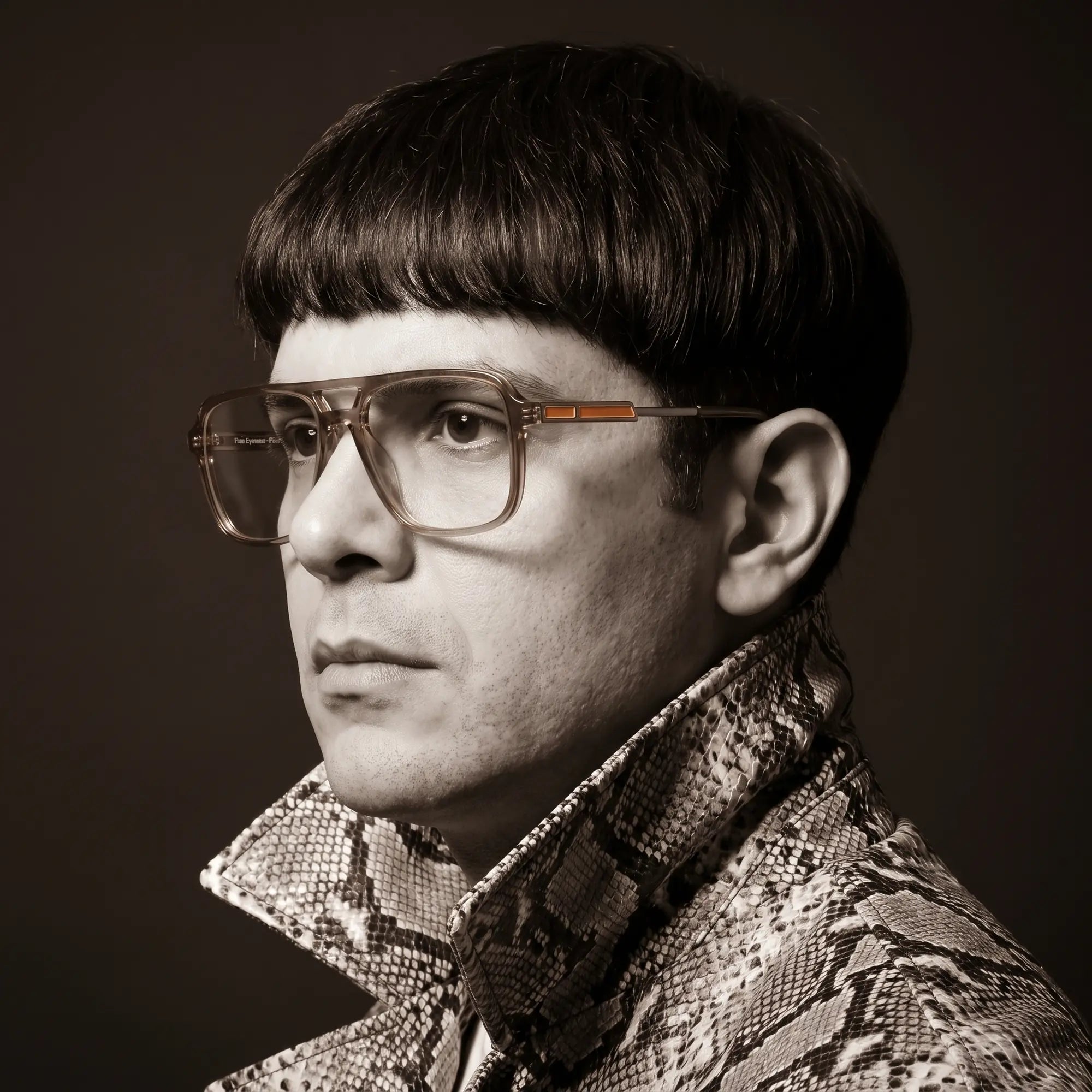 Anteojos Fiore 1014 en café, en modelo – retrato de campaña, monochrome studio portrait, red graphic accents