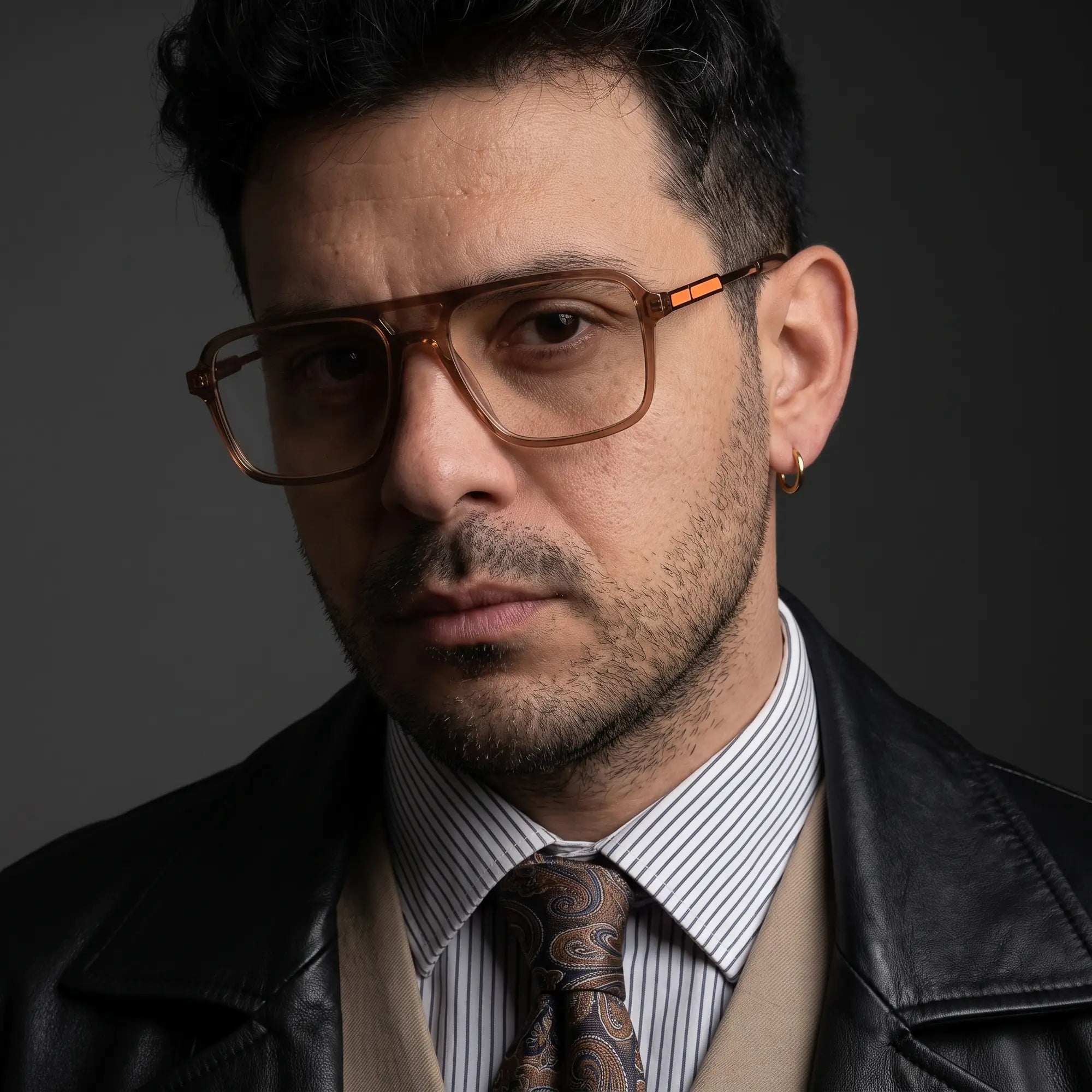 Anteojos Fiore 1014 en café, en modelo – retrato de campaña, minimal studio portrait in soft daylight