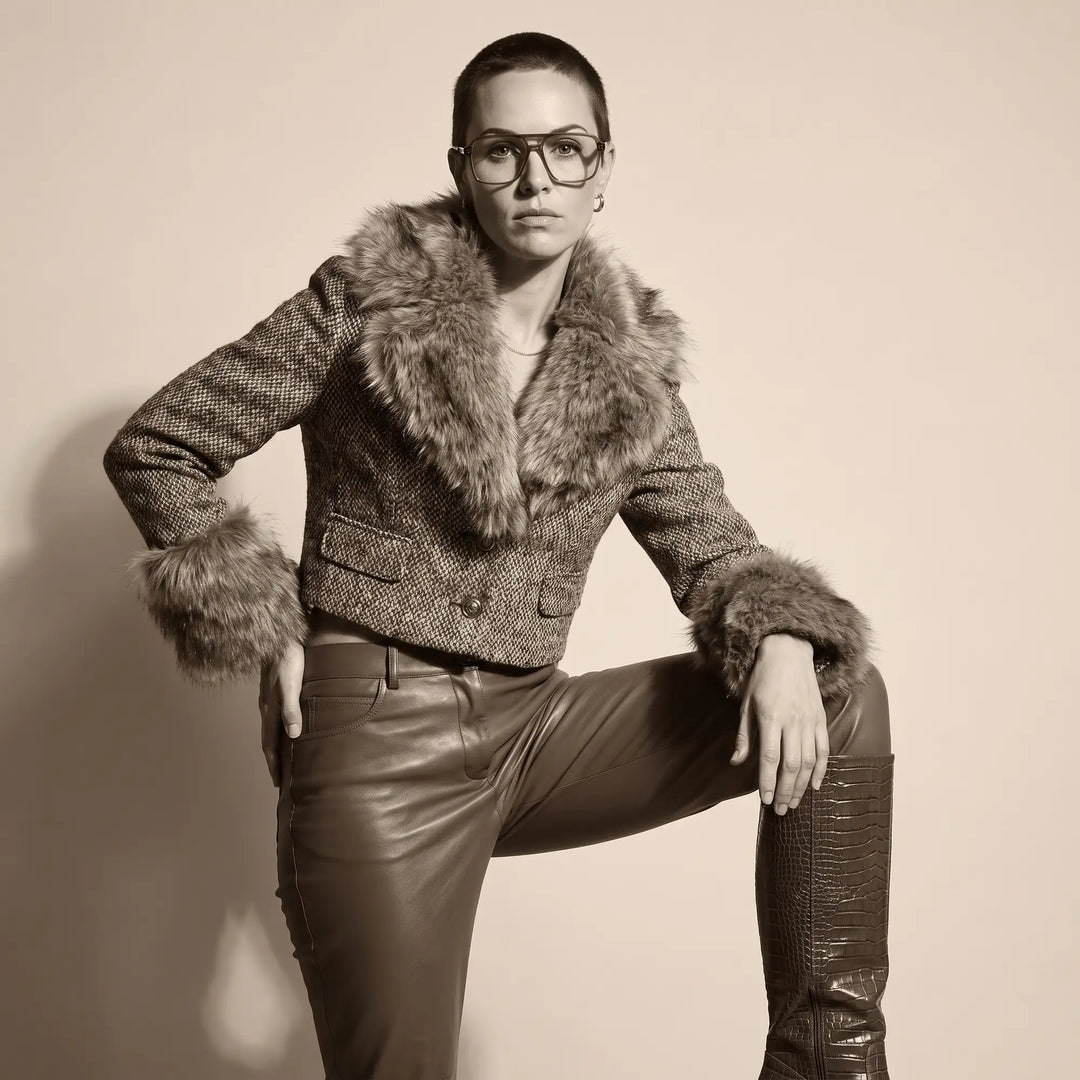Anteojos Fiore 1014 en café, en modelo – retrato de campaña, full-length studio portrait in tweed and leather