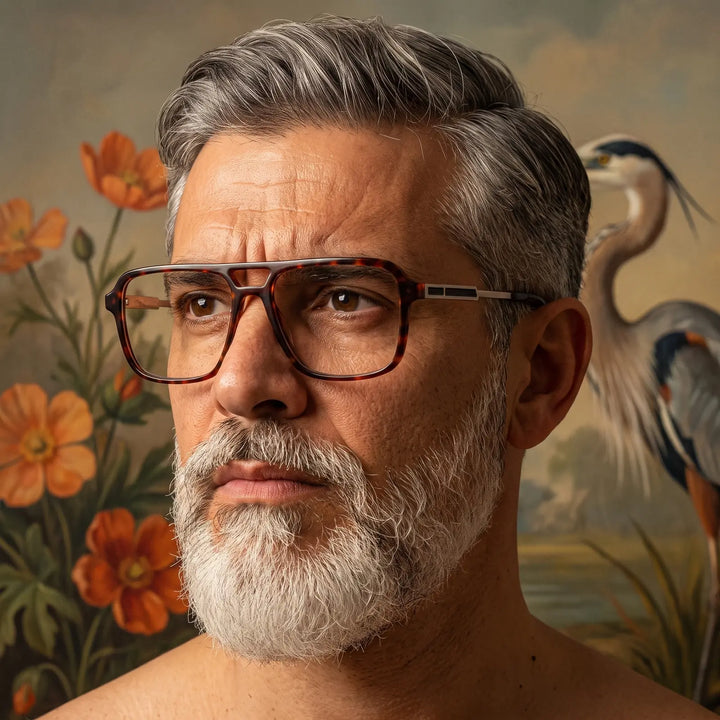 Anteojos Fiore 1014 en tortoiseshell, en modelo – silver-bearded portrait against a botanical mural