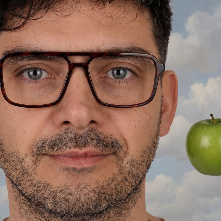 Anteojos Fiore 1014 en tortoiseshell, en modelo – retrato de campaña, gallery portrait with red curtain backdrop