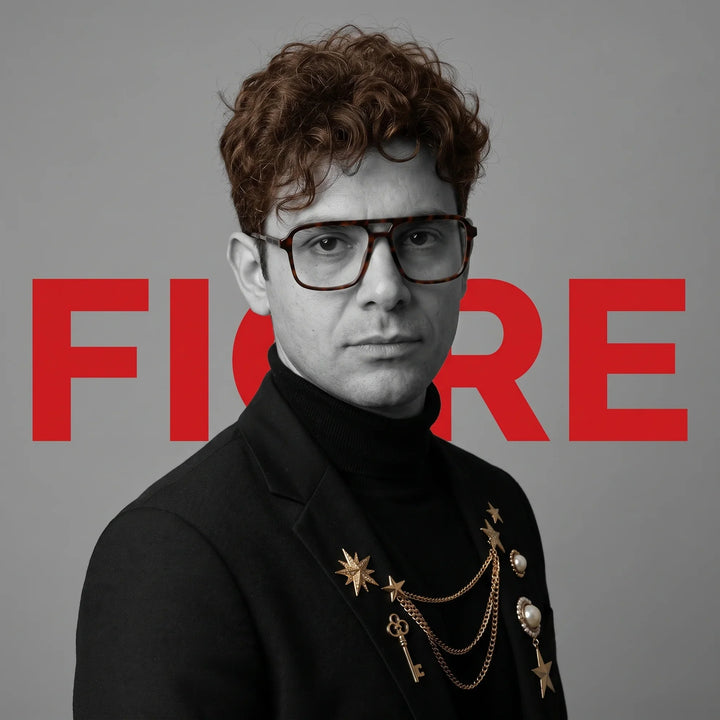 Anteojos Fiore 1014 en tortoiseshell, en modelo – retrato de campaña, graphic studio portrait with bold red shapes