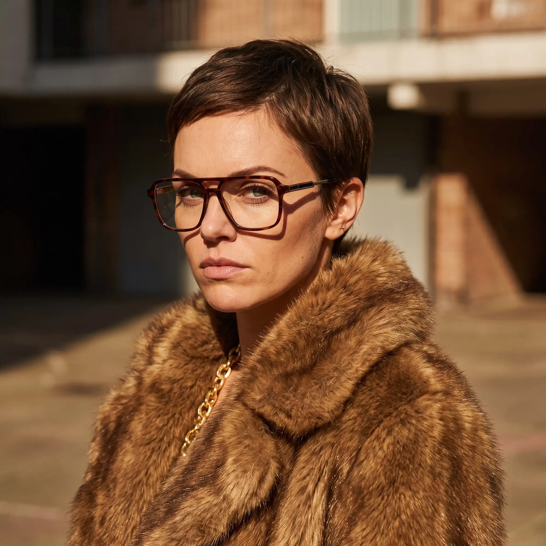 Anteojos Fiore 1014 en tortoiseshell, en modelo – retrato de campaña, street portrait rooted in city heritage