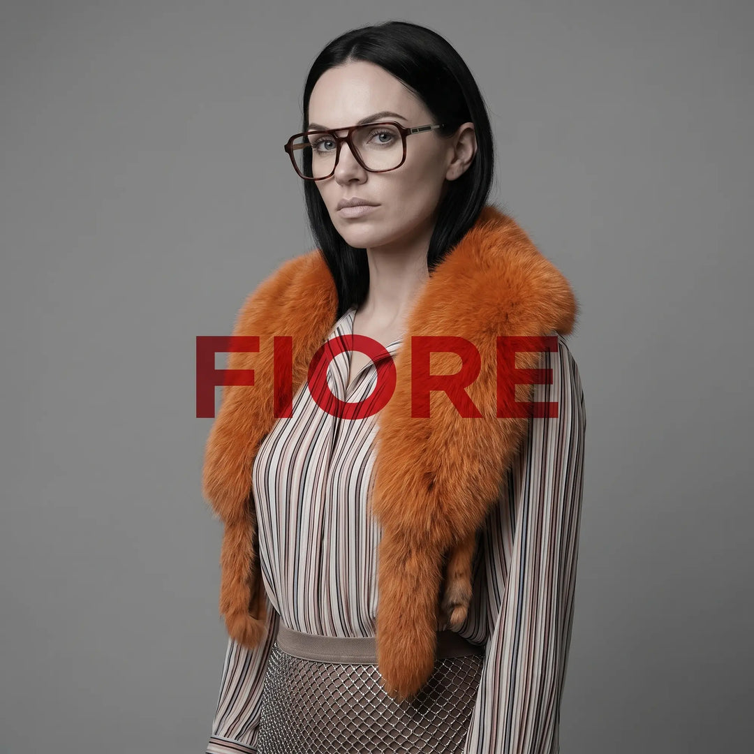 Anteojos Fiore 1014 en tortoiseshell, en modelo – retrato de campaña, bold studio pose in vintage tweed