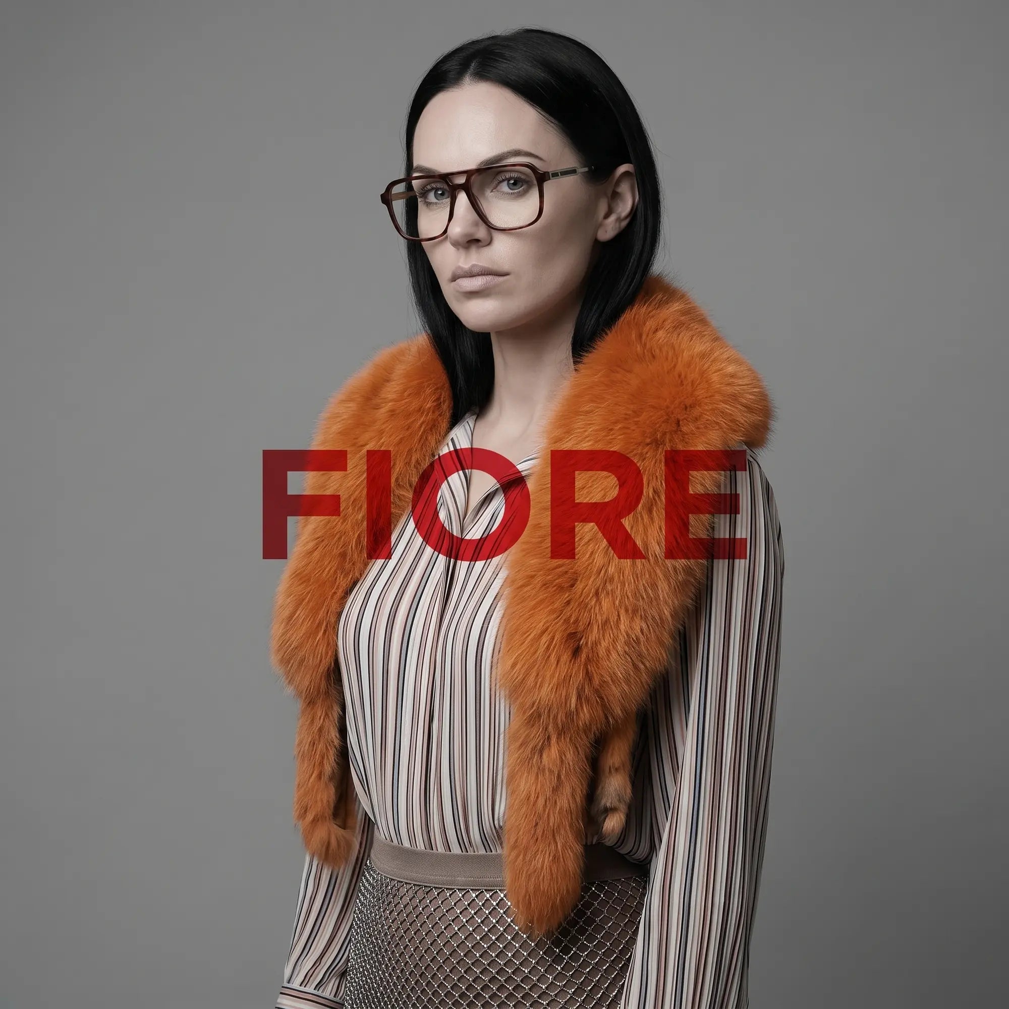 Anteojos Fiore 1014 en tortoiseshell, en modelo – retrato de campaña, bold studio pose in vintage tweed