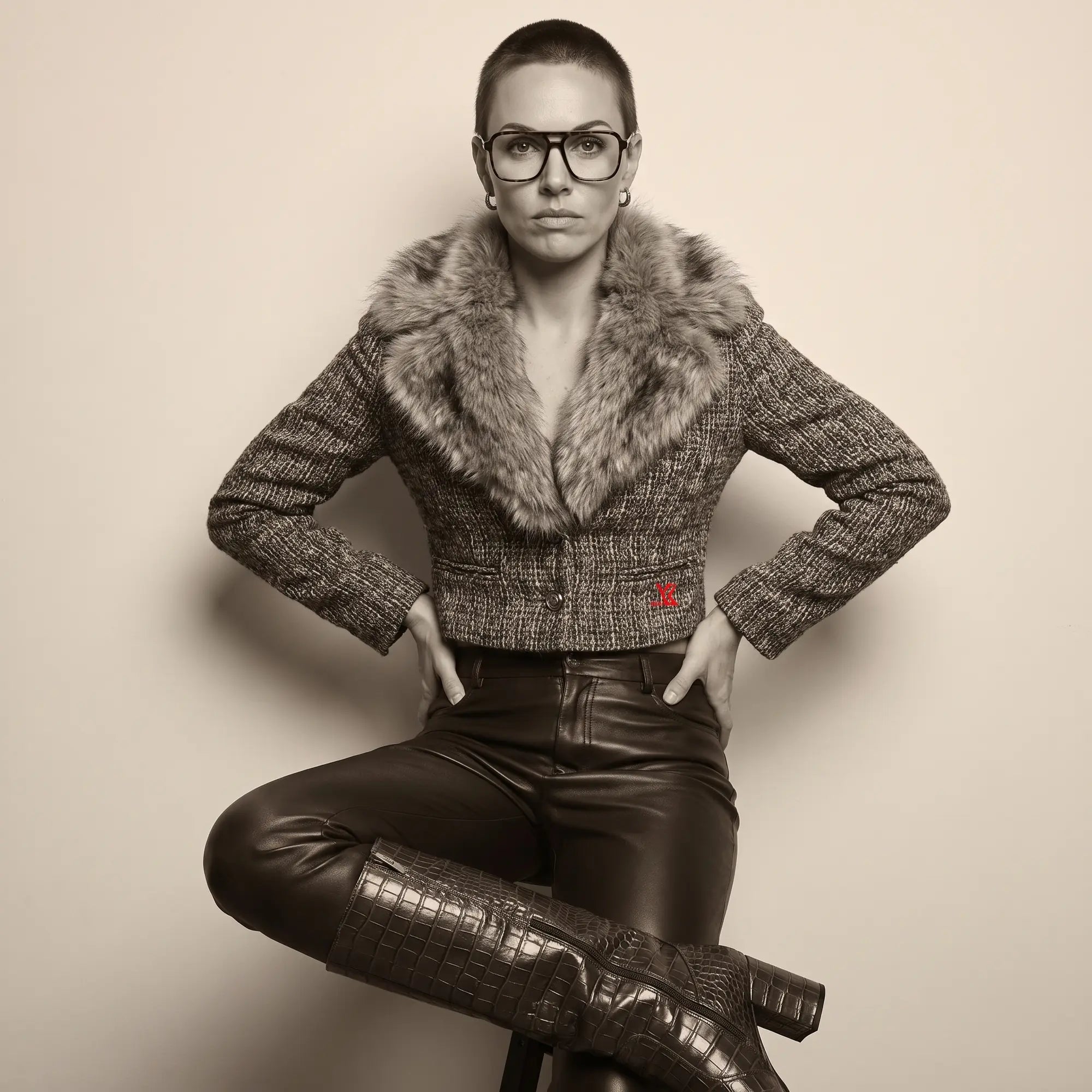 Anteojos Fiore 1014 en tortoiseshell, en modelo – retrato de campaña, full-length studio portrait in tweed and leather