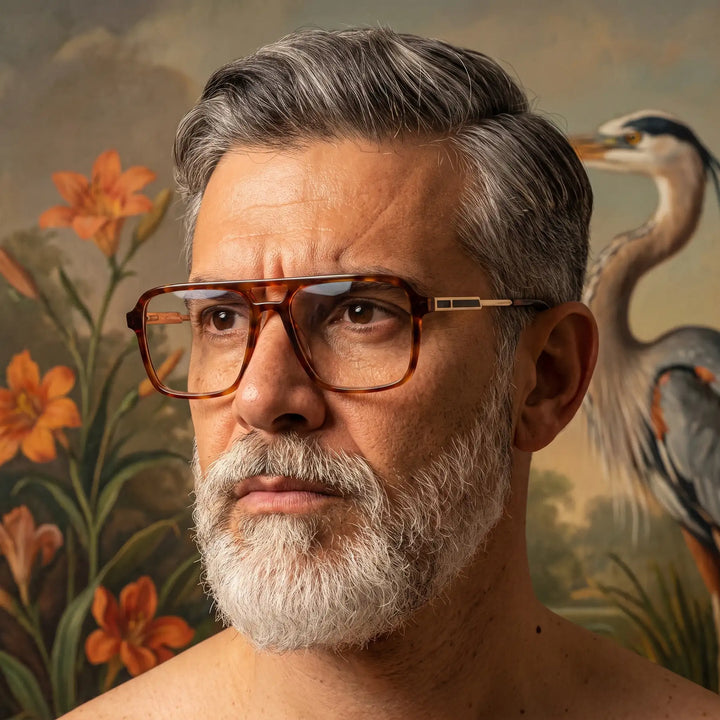 Anteojos Fiore 1014 en brown tortoiseshell, en modelo – silver-bearded portrait against a botanical mural