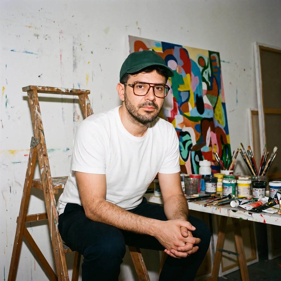 Anteojos Fiore 1014 en café carey, en modelo – painter portrait in a paint-splattered studio