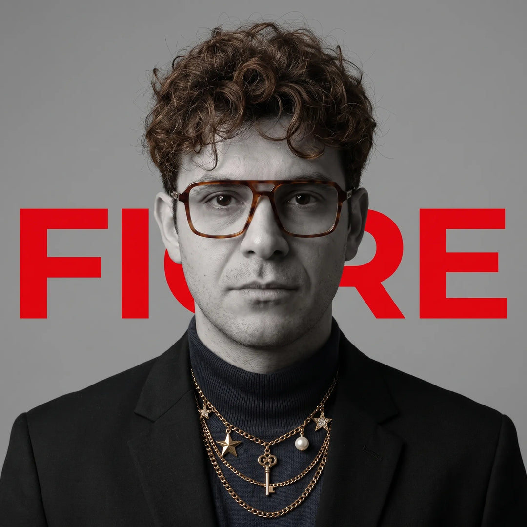 Anteojos Fiore 1014 en brown tortoiseshell, en modelo – graphic studio portrait with bold red shapes