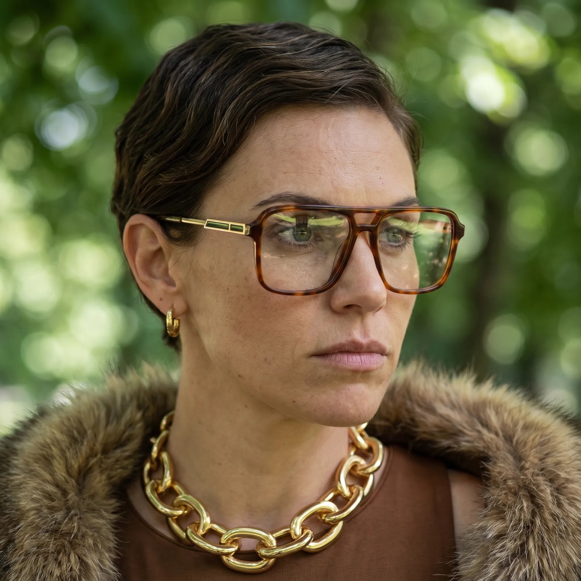 Anteojos Fiore 1014 en brown tortoiseshell, en modelo – retrato de campaña, fur-collar portrait in dappled daylight