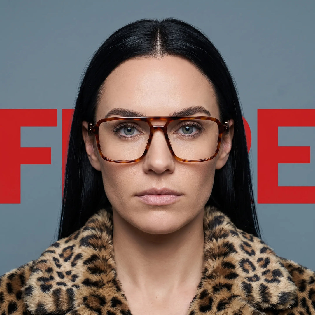 Anteojos Fiore 1014 en brown tortoiseshell, en modelo – retrato de campaña, studio portrait with sculptural styling