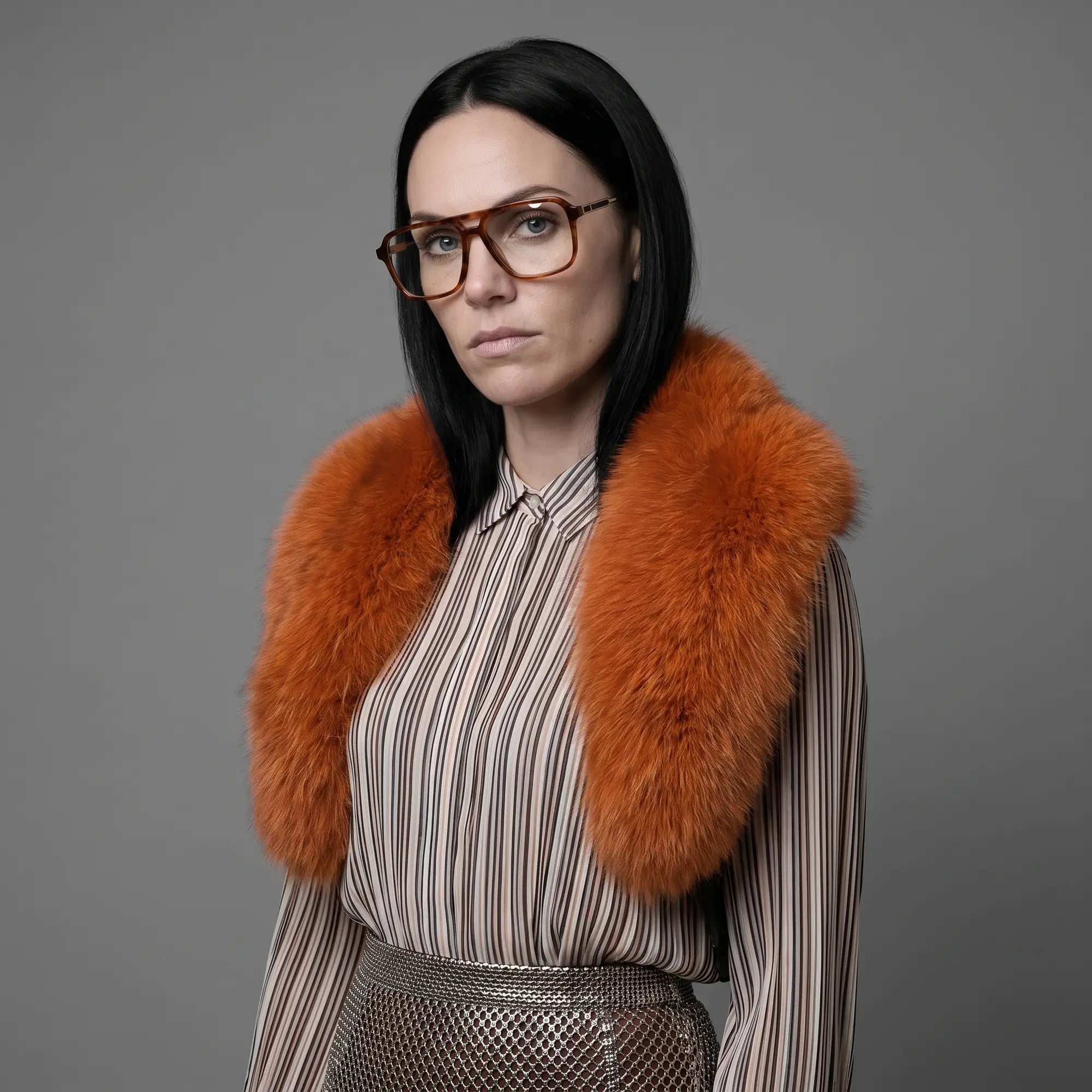 Anteojos Fiore 1014 en brown tortoiseshell, en modelo – retrato de campaña, bold studio pose in vintage tweed