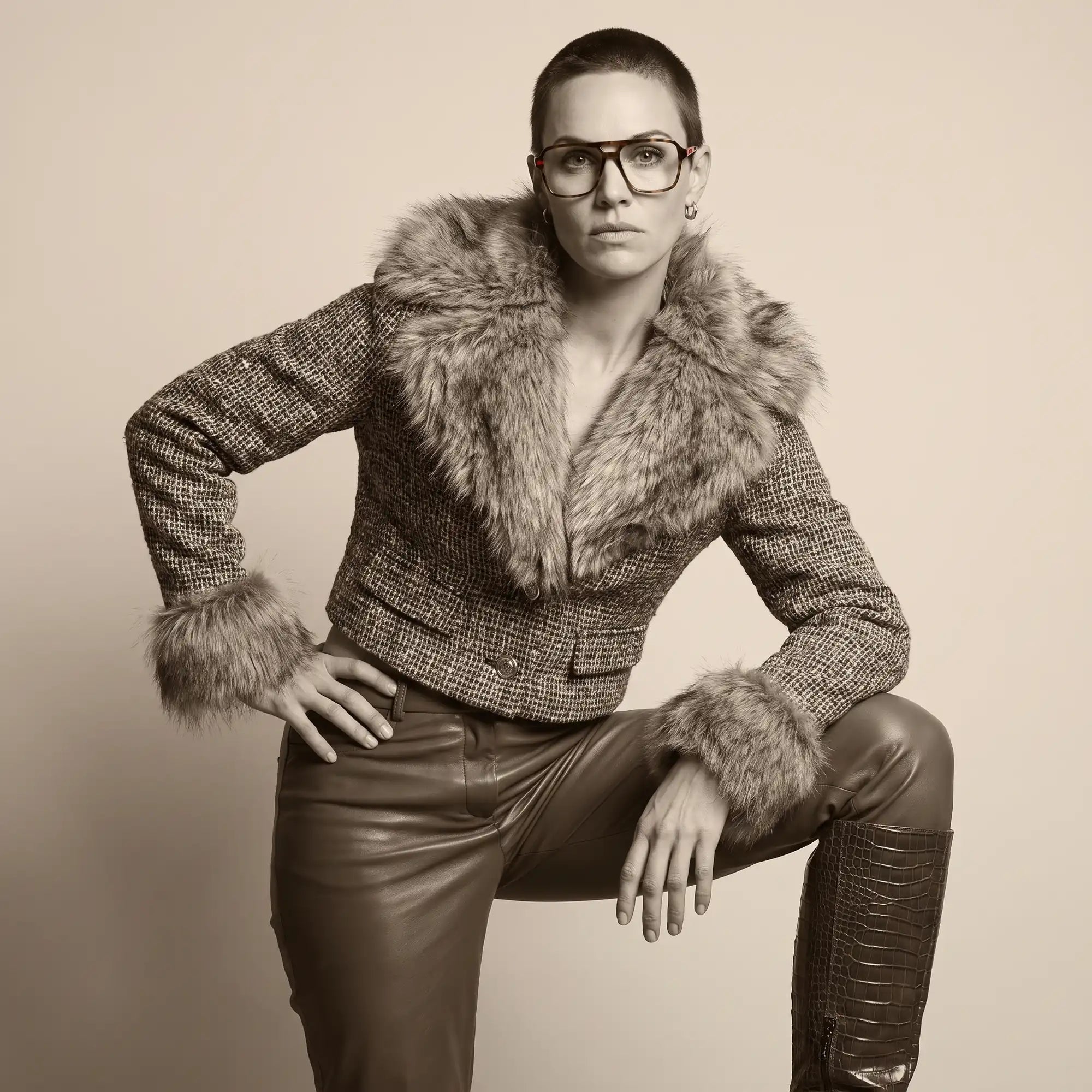 Anteojos Fiore 1014 en brown tortoiseshell, en modelo – full-length studio portrait in tweed and leather