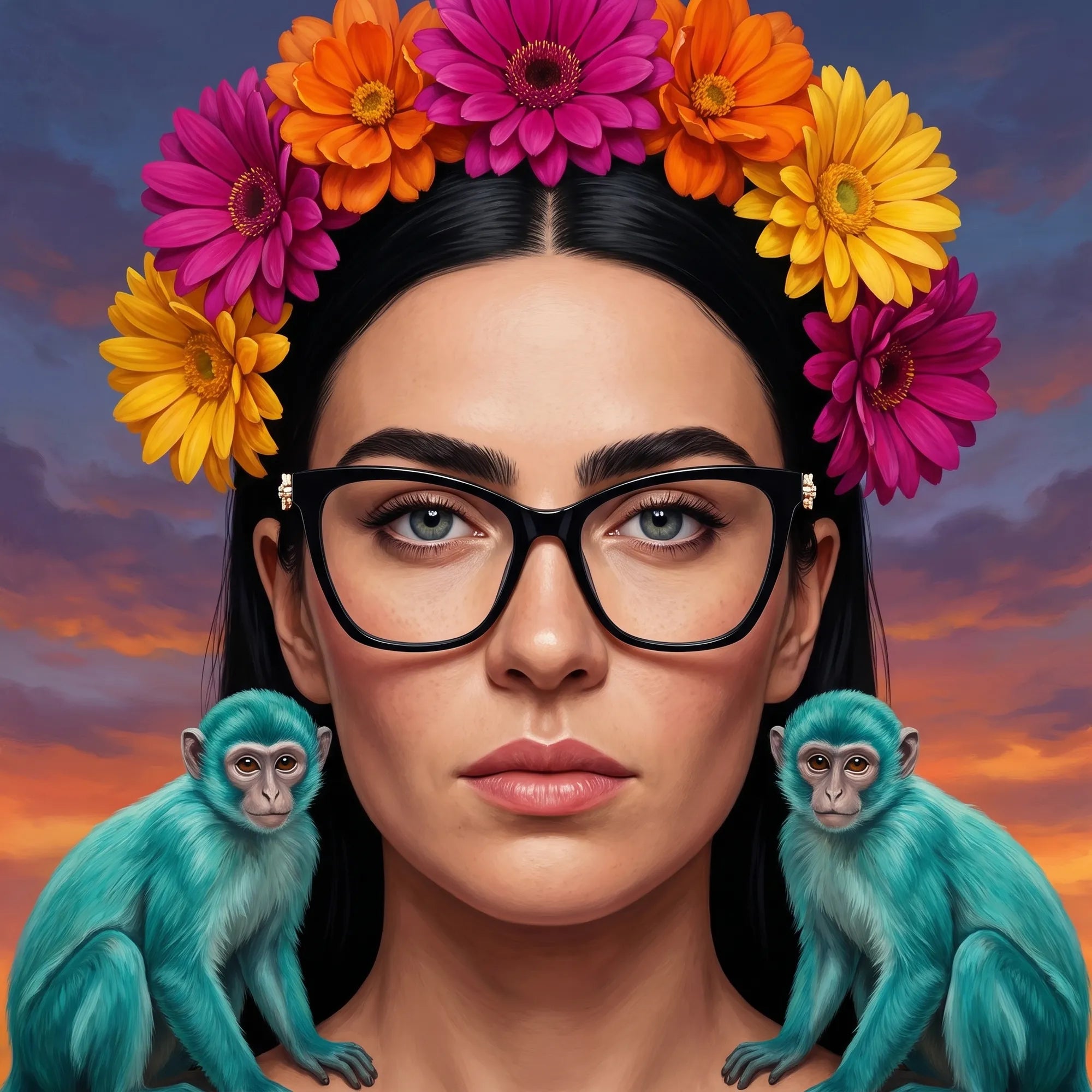 Anteojos Fiore 10172 en negro, en modelo – retrato de campaña, retrato pictórico surrealista con corona de flores
