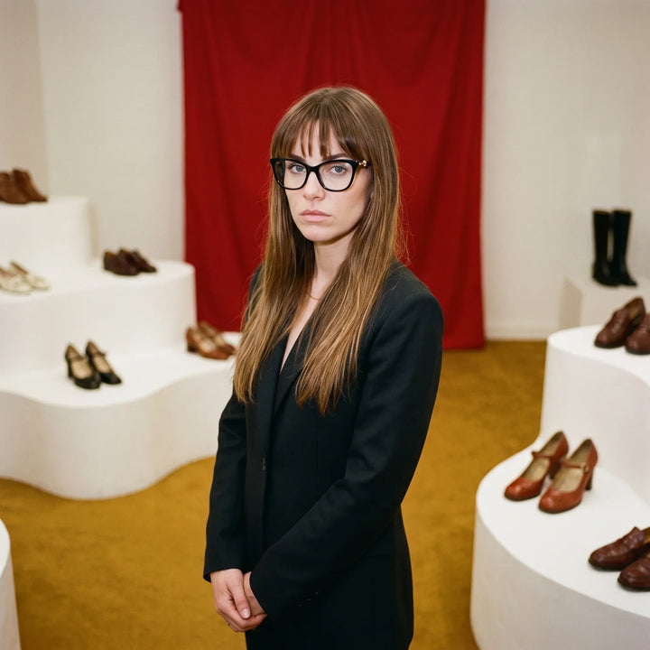 Anteojos Fiore 10172 en negro, en modelo – retrato de campaña, escena de galería con cortina roja y pedestales